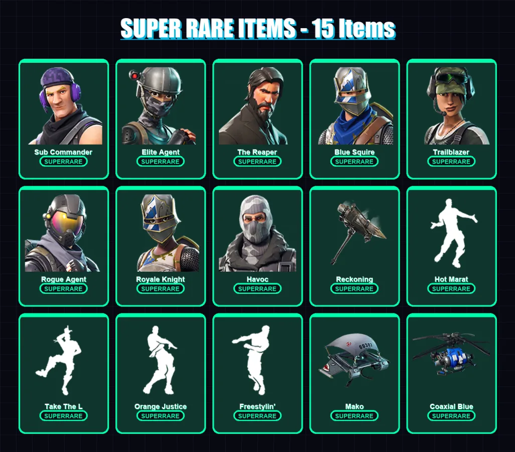 [PS4/PS5/XBOX/PC] | Sub Commander | Elite Agent | The Reaper | Blue Squire | Trailblazer | 49 skin | 42 pickaxe | 55 emote | 46 glider | Lv615