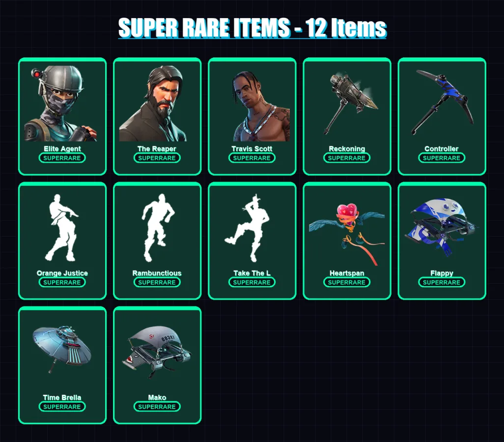 [PC/XBOX] | Elite Agent | The Reaper | Travis Scott | Ruin | The Visitor | 73 skin | 112 pickaxe | 98 emote | 116 glider | Lv1576