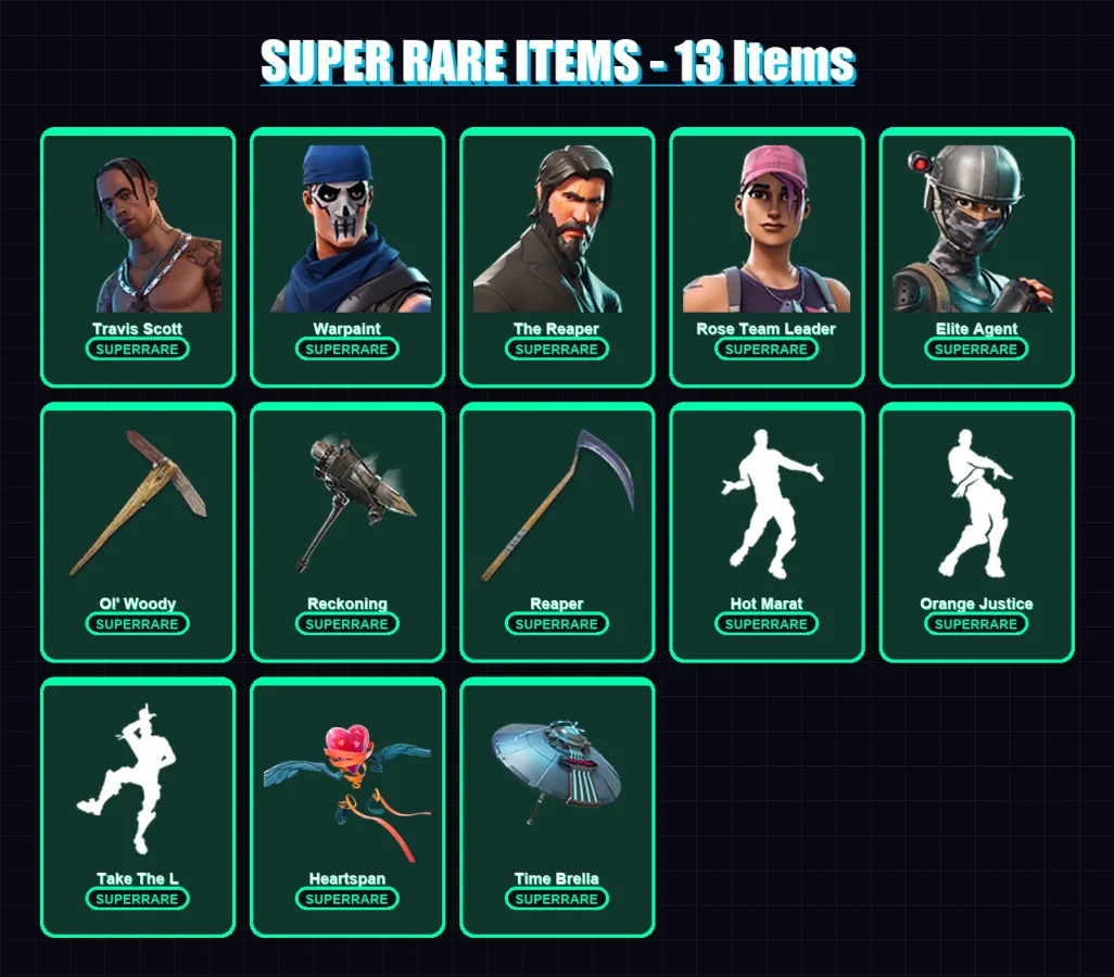 [PC/XBOX/PSN] | Travis Scott | Warpaint | The Reaper | Rose Team Leader | Elite Agent | 127 skin | 105 pickaxe | 100 emote | 102 glider | Lv1213
