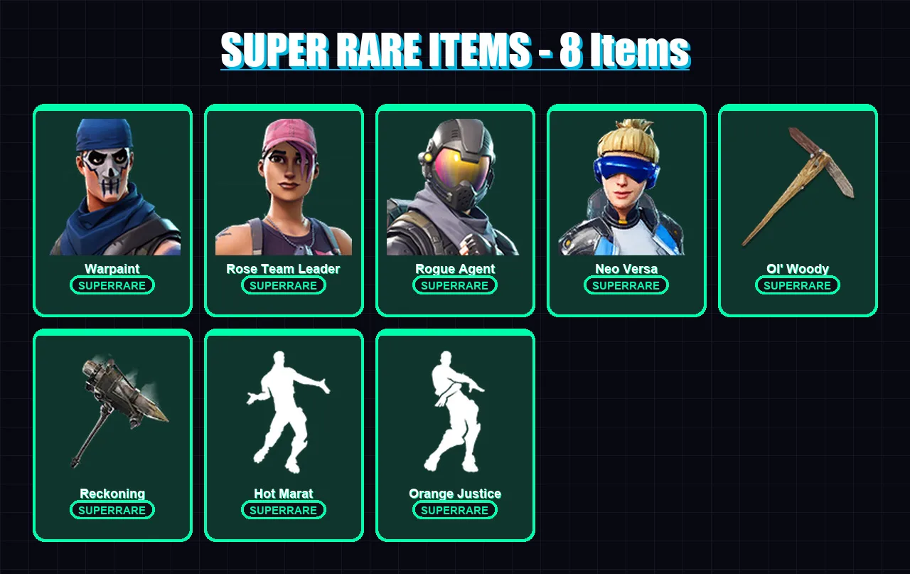 [PC/XBOX/PSN] | Warpaint | Rose Team Leader | Rogue Agent | Neo Versa | Spire Assassin | 52 skin | 45 pickaxe | 59 emote | 62 glider | Lv989