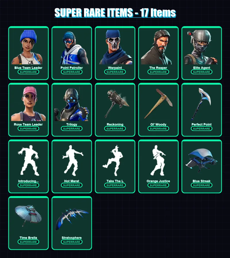 [PS4/PS5/XBOX/PC] | Blue Team Leader | Point Patroller | Warpaint | The Reaper | Elite Agent | 77 skin | 75 pickaxe | 92 emote | 82 glider | Lv1259 — Fortnite account