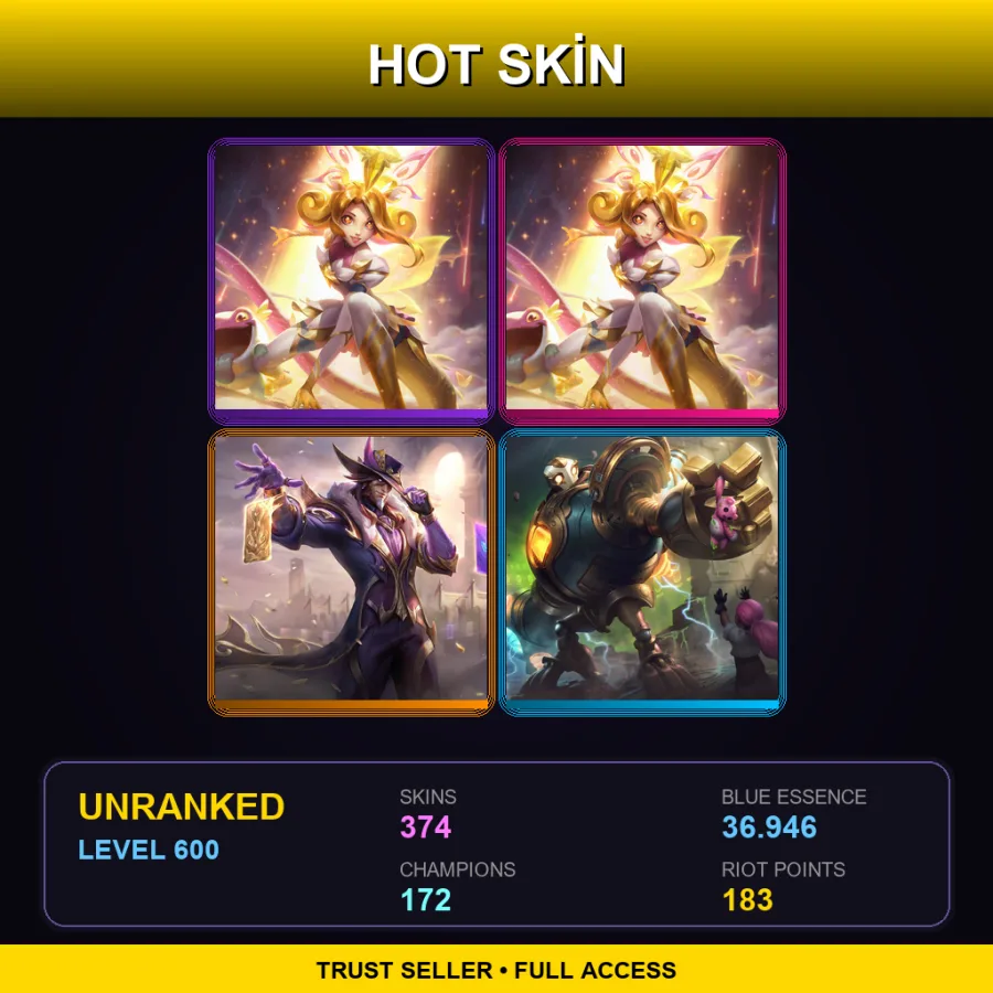 EUW | Lv600 | Unranked | 374 Skin | 172 Champ — LoL account