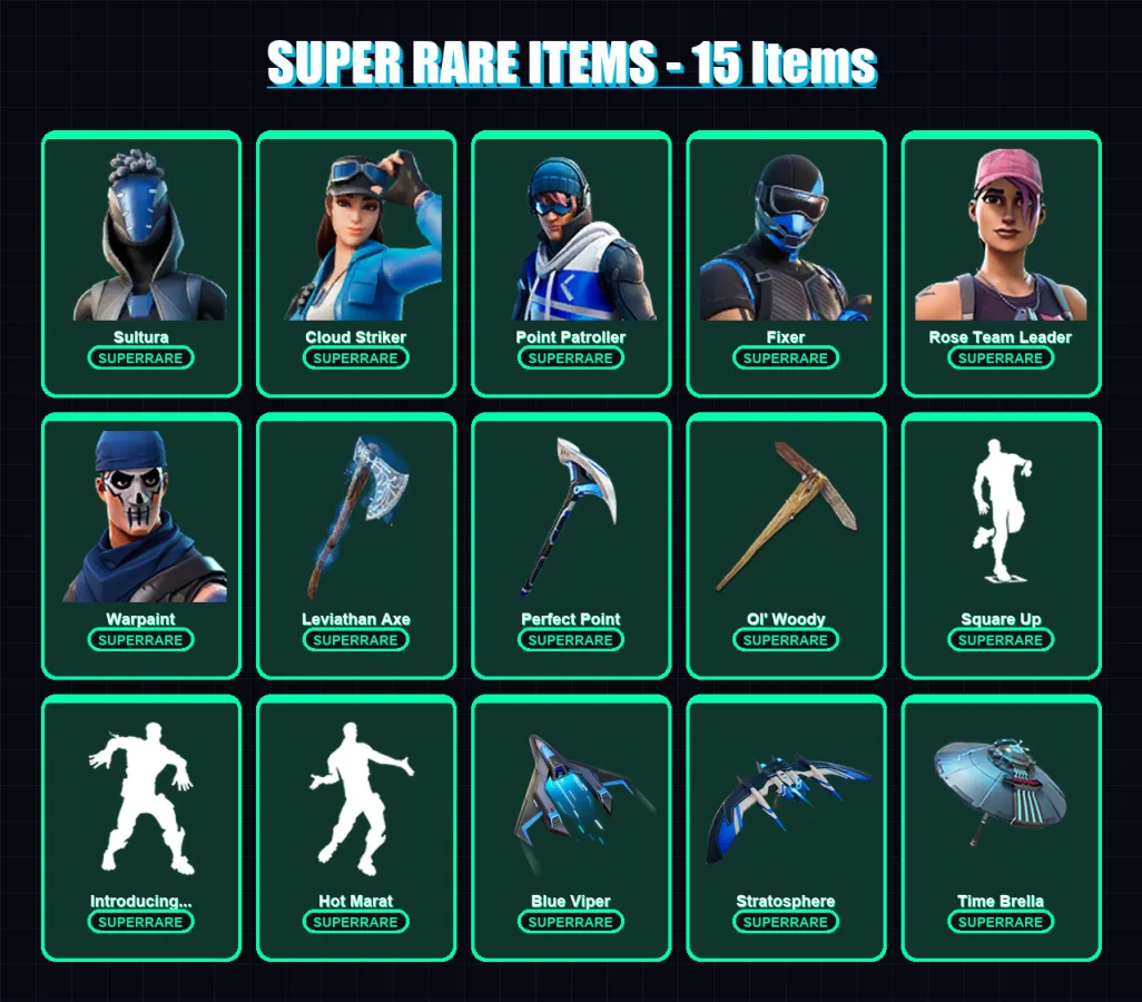 [PS4/PS5/XBOX/PC] | Sultura | Cloud Striker | Point Patroller | Fixer | Rose Team Leader | 134 skin | 170 pickaxe | 151 emote | 141 glider | Lv2161