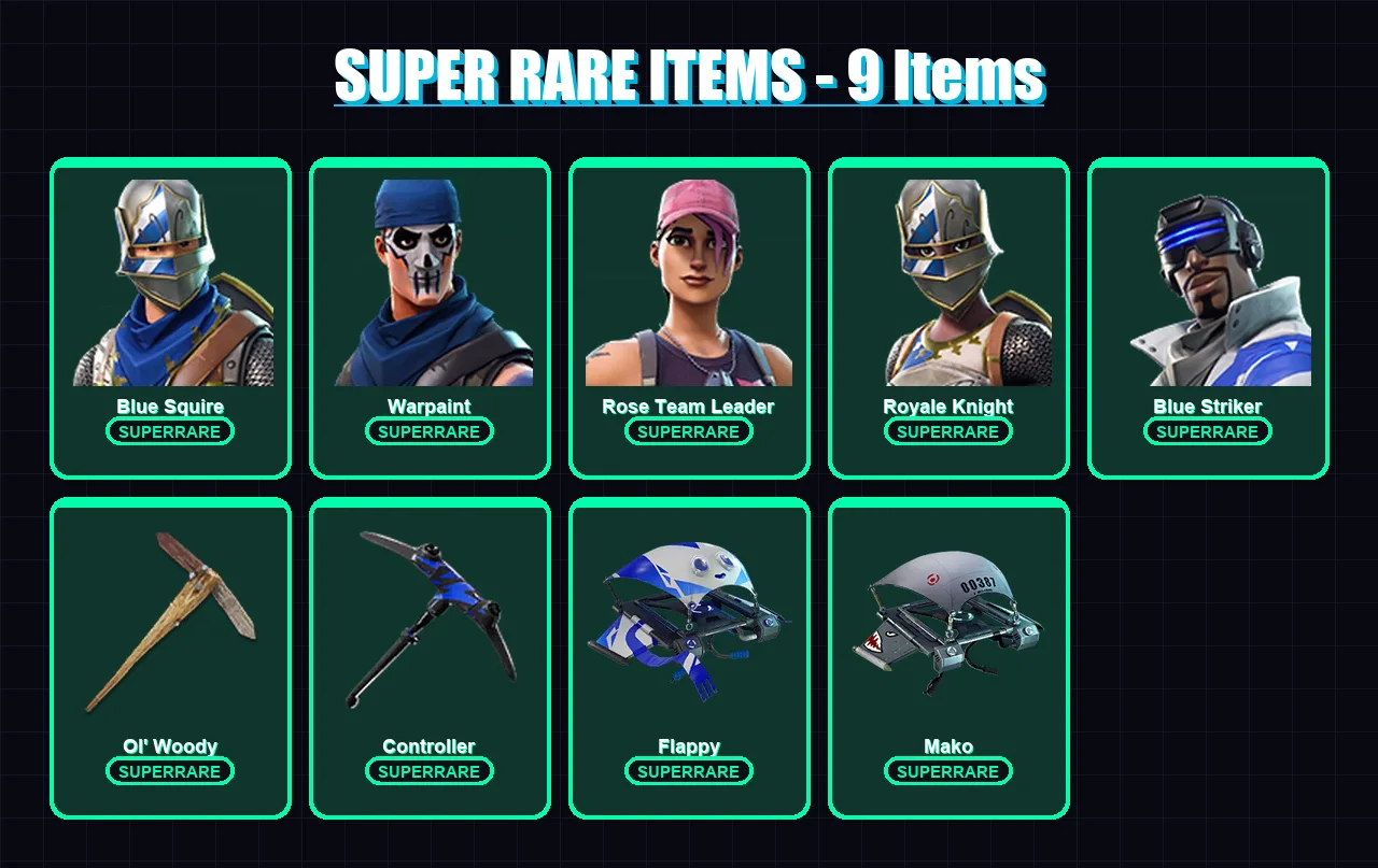 [PS4/PS5/XBOX/PC] | Blue Squire | Warpaint | Rose Team Leader | Royale Knight | Blue Striker | 5 skin | 6 pickaxe | 7 emote | 12 glider | Lv130
