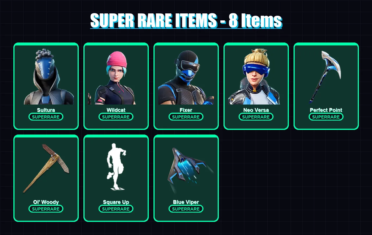 [PC] | Sultura | Wildcat | Fixer | Neo Versa | The Imagined | 72 skin | 98 pickaxe | 67 emote | 83 glider | Lv1248 — Fortnite account