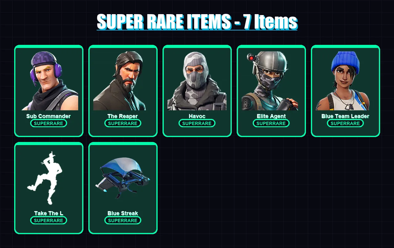 [PS4/PS5/XBOX/PC] | Sub Commander | The Reaper | Havoc | Elite Agent | Blue Team Leader | 15 skin | 50 pickaxe | 34 emote | 44 glider | Lv1111