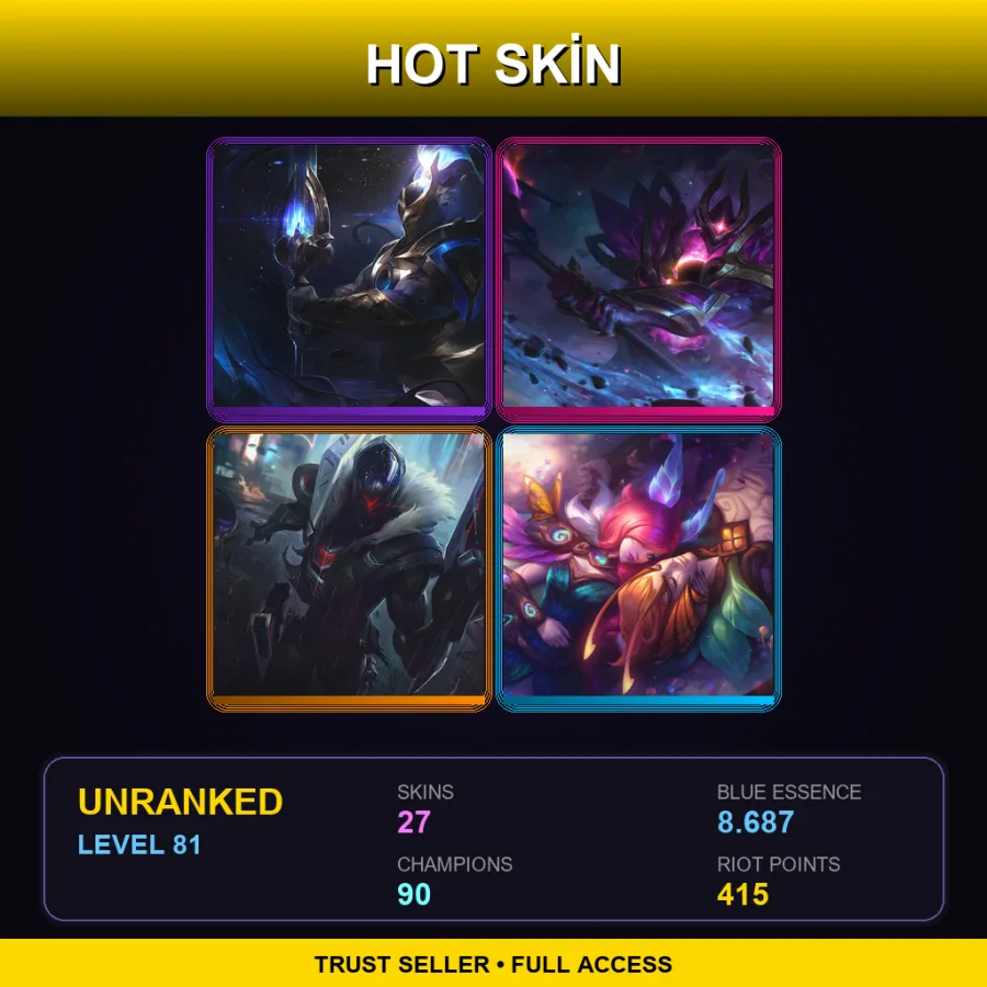 LAS | Cosmic Defender Xin Zhao | Dark Star Mordekaiser | PROJECT: Jhin | Elderwood Xayah | 27 Skin | 90 Champ | Lv81
