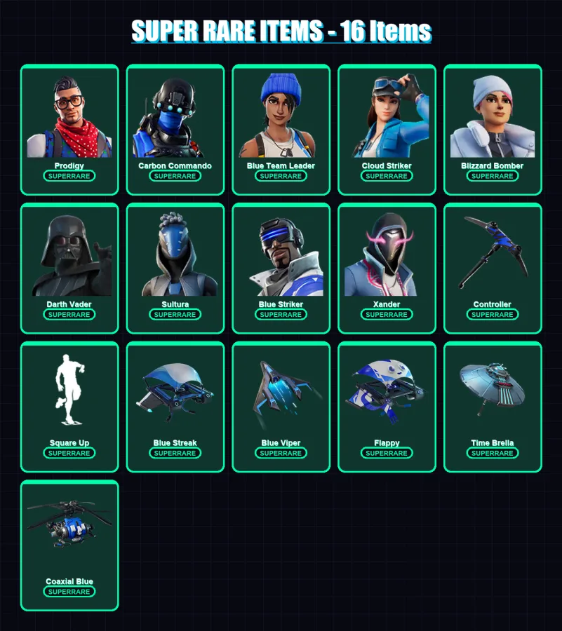 [PC] | Prodigy | Carbon Commando | Blue Team Leader | Cloud Striker | Blizzard Bomber | 100 skin | 112 pickaxe | 69 emote | 96 glider | Lv1054