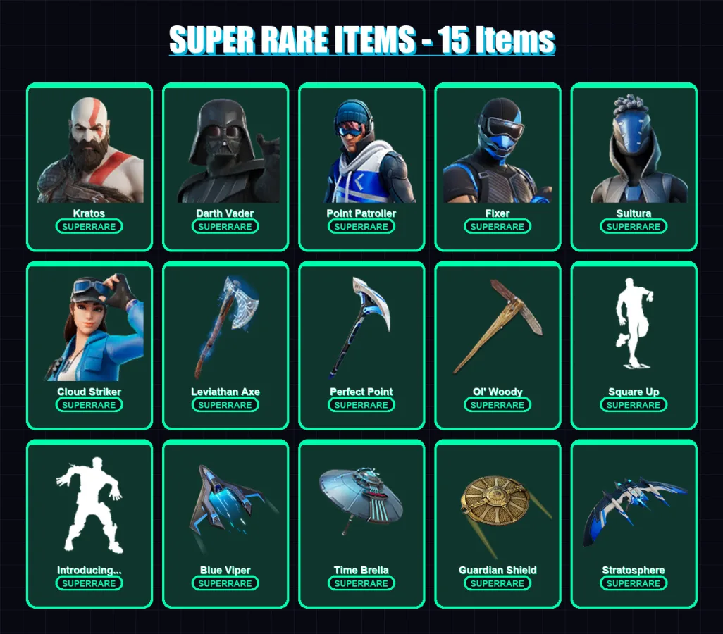 [PS4/PS5/XBOX/PC] | Kratos | Darth Vader | Point Patroller | Fixer | Sultura | 113 skin | 137 pickaxe | 91 emote | 117 glider | Lv1725