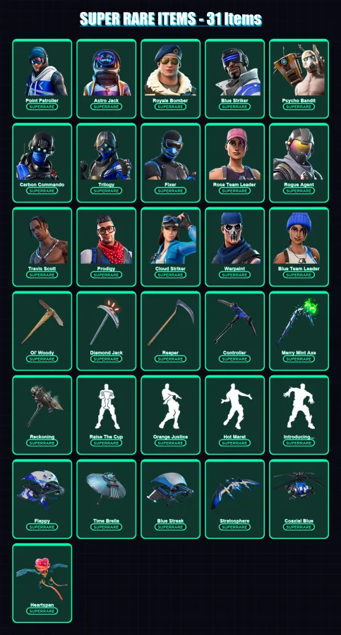 [PC] | Point Patroller | Astro Jack | Royale Bomber | Blue Striker | Psycho Bandit | 346 skin | 264 pickaxe | 168 emote | 190 glider | Lv2584 — Fortnite account
