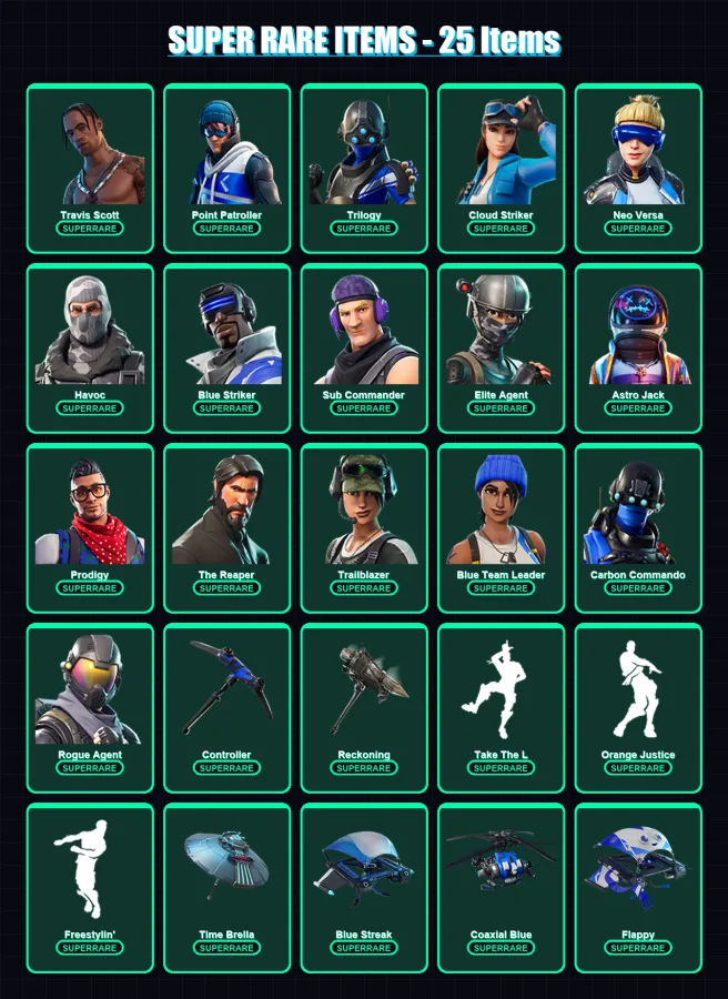 [PS4/PS5/XBOX/PC] | Travis Scott | Point Patroller | Trilogy | Cloud Striker | Neo Versa | 88 skin | 94 pickaxe | 87 emote | 91 glider | Lv1198