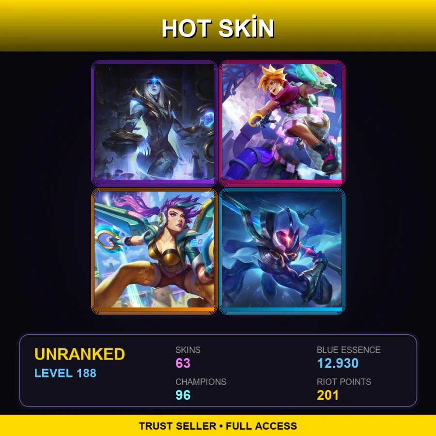 LAS | Lv188 | Unranked | 63 Skin | 96 Champ — LoL account