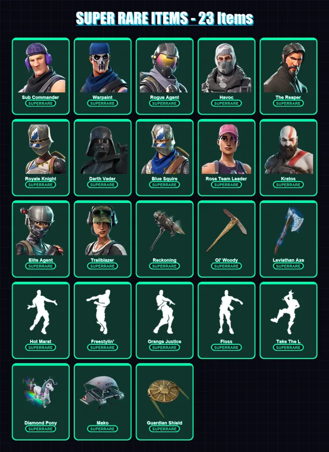 [PC/XBOX/PSN] | Sub Commander | Warpaint | Rogue Agent | Havoc | The Reaper | 296 skin | 295 pickaxe | 196 emote | 200 glider | Lv1872