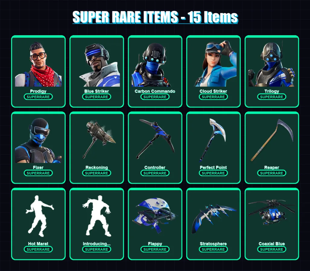 [PS4/PS5/XBOX/PC] | Prodigy | Blue Striker | Carbon Commando | Cloud Striker | Trilogy | 41 skin | 45 pickaxe | 41 emote | 53 glider | Lv763