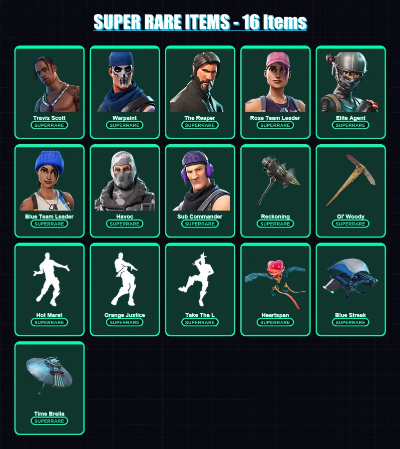 [PS4/PS5/XBOX/PC] | Travis Scott | Warpaint | The Reaper | Rose Team Leader | Elite Agent | 52 skin | 46 pickaxe | 52 emote | 60 glider | Lv731 — Fortnite account