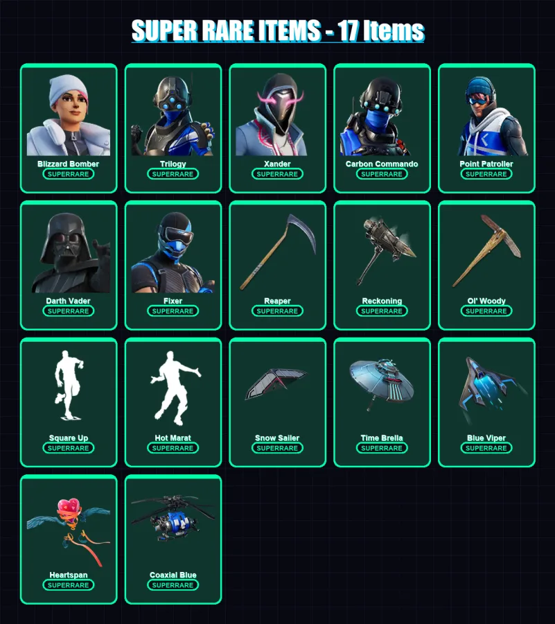 [PS4/PS5/XBOX/PC] | Blizzard Bomber | Trilogy | Xander | Carbon Commando | Point Patroller | 206 skin | 201 pickaxe | 154 emote | 169 glider | Lv267