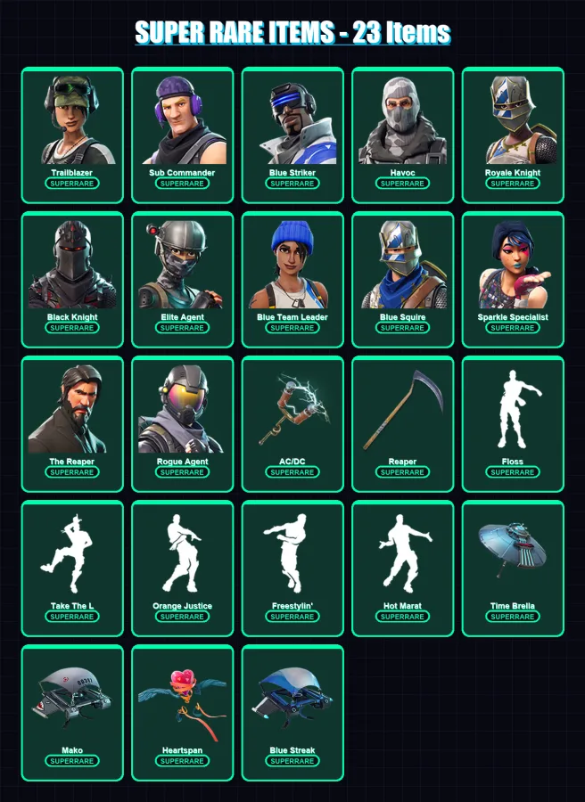 [PS4/PS5/XBOX/PC] | Trailblazer | Sub Commander | Blue Striker | Havoc | Royale Knight | 43 skin | 41 pickaxe | 53 emote | 52 glider | Lv934