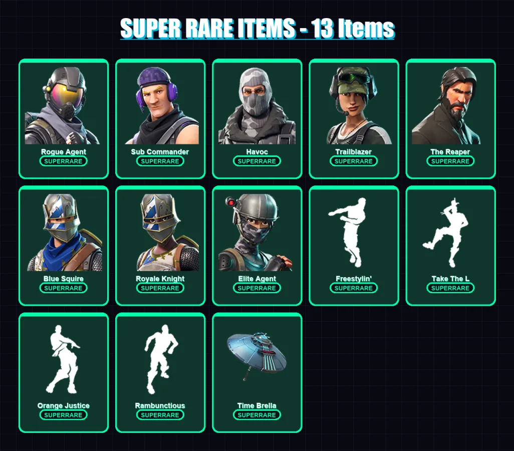 [PC/XBOX/PSN] | Rogue Agent | Sub Commander | Havoc | Trailblazer | The Reaper | 38 skin | 40 pickaxe | 59 emote | 50 glider | Lv802