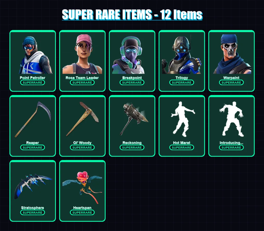[PC] | Point Patroller | Rose Team Leader | Breakpoint | Trilogy | Warpaint | 101 skin | 114 pickaxe | 92 emote | 112 glider | Lv1539