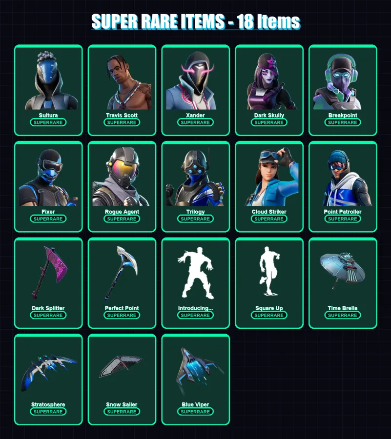 [PC] | Sultura | Travis Scott | Xander | Dark Skully | Breakpoint | 146 skin | 182 pickaxe | 140 emote | 155 glider | Lv2494 — Fortnite account