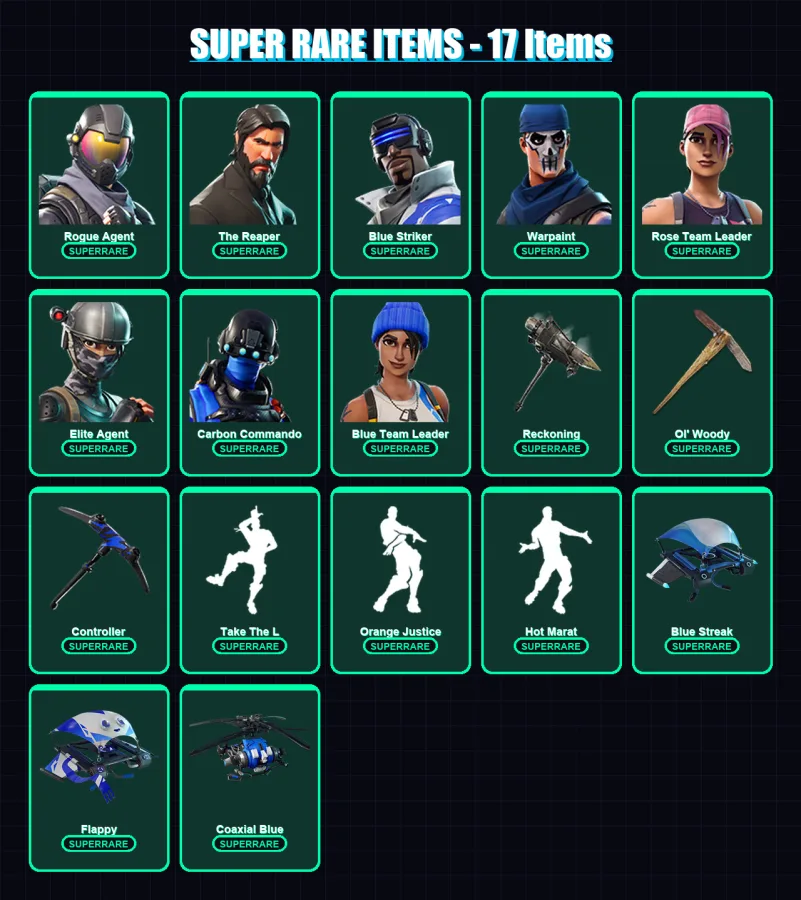 [PC/XBOX/PSN] | Rogue Agent | The Reaper | Blue Striker | Warpaint | Rose Team Leader | 70 skin | 45 pickaxe | 79 emote | 51 glider | Lv518 — Fortnite account