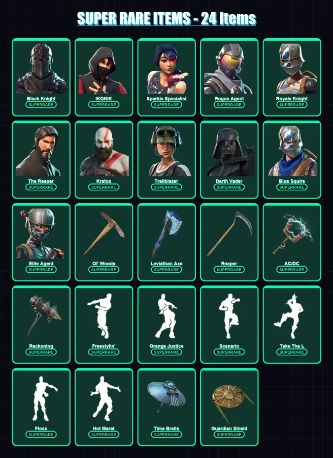 [PS4/PS5/PC] | Black Knight | IKONIK | Sparkle Specialist | Rogue Agent | Royale Knight | 205 skin | 198 pickaxe | 214 emote | 182 glider | Lv3043 — Fortnite account