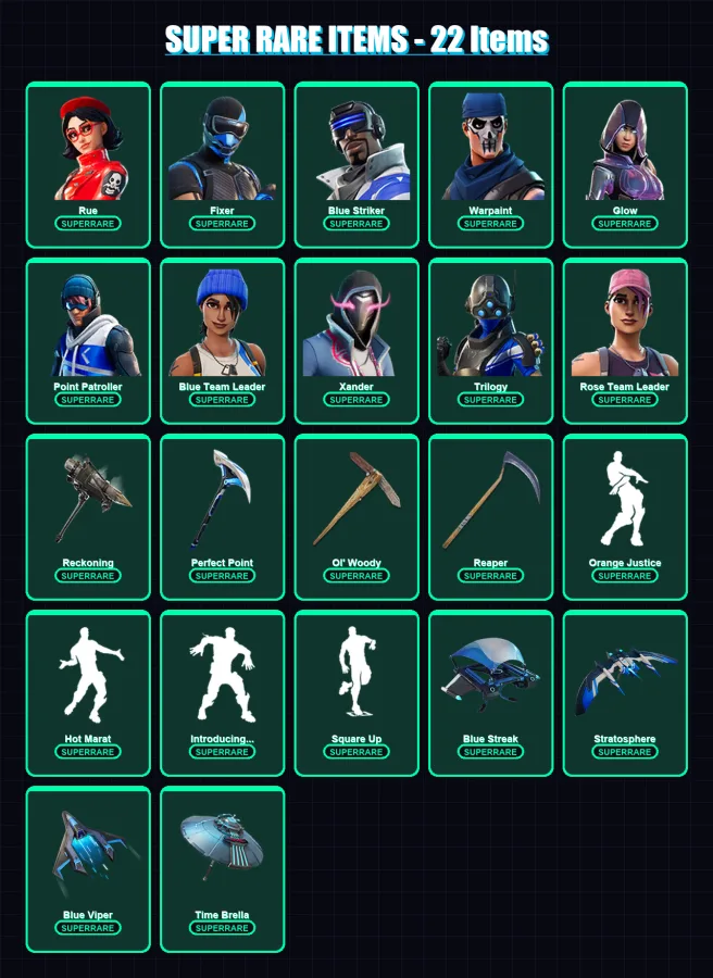 [PC/XBOX] | Rue | Fixer | Blue Striker | Warpaint | Glow | 115 skin | 119 pickaxe | 120 emote | 113 glider | Lv1721
