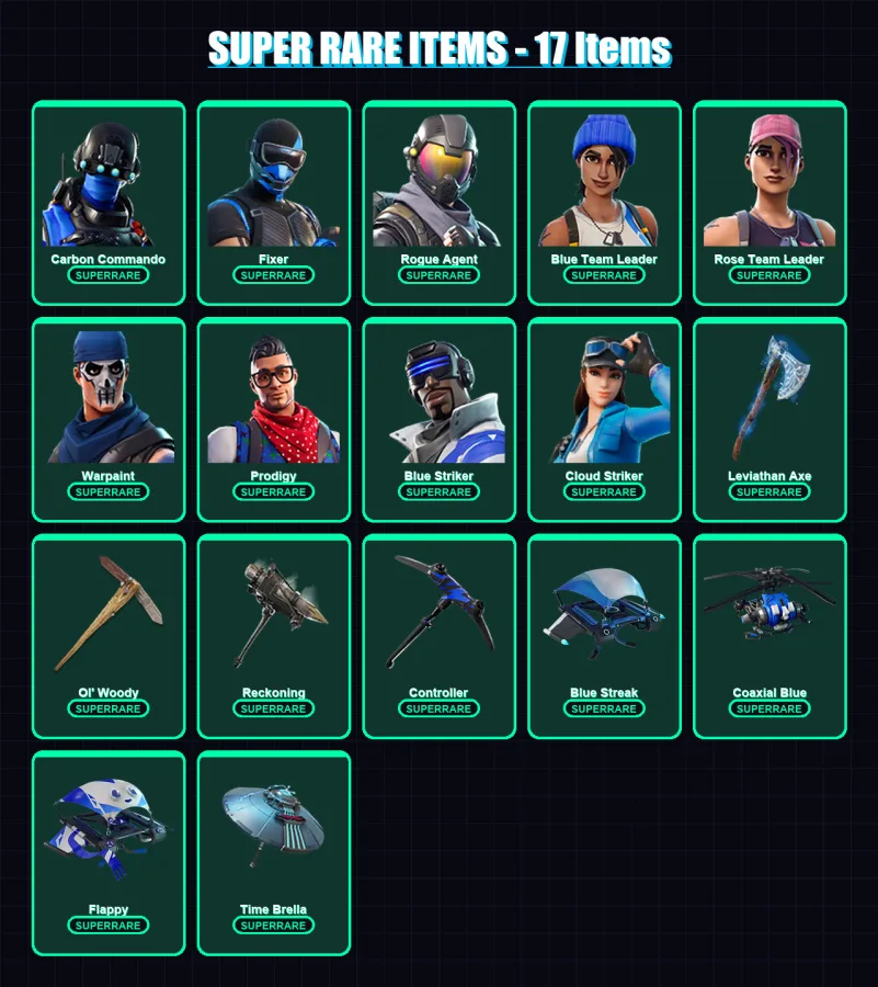 [PC/XBOX] | Carbon Commando | Fixer | Rogue Agent | Blue Team Leader | Rose Team Leader | 171 skin | 183 pickaxe | 111 emote | 146 glider | Lv1881