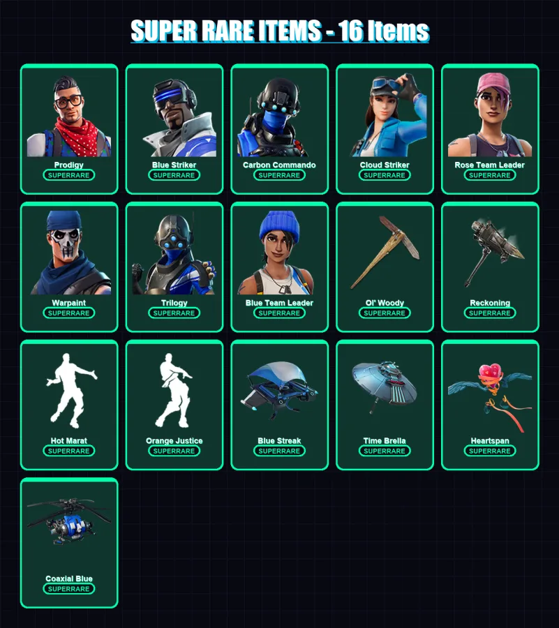 [PS4/PS5/XBOX/PC] | Prodigy | Blue Striker | Carbon Commando | Cloud Striker | Rose Team Leader | 69 skin | 68 pickaxe | 77 emote | 71 glider | Lv77