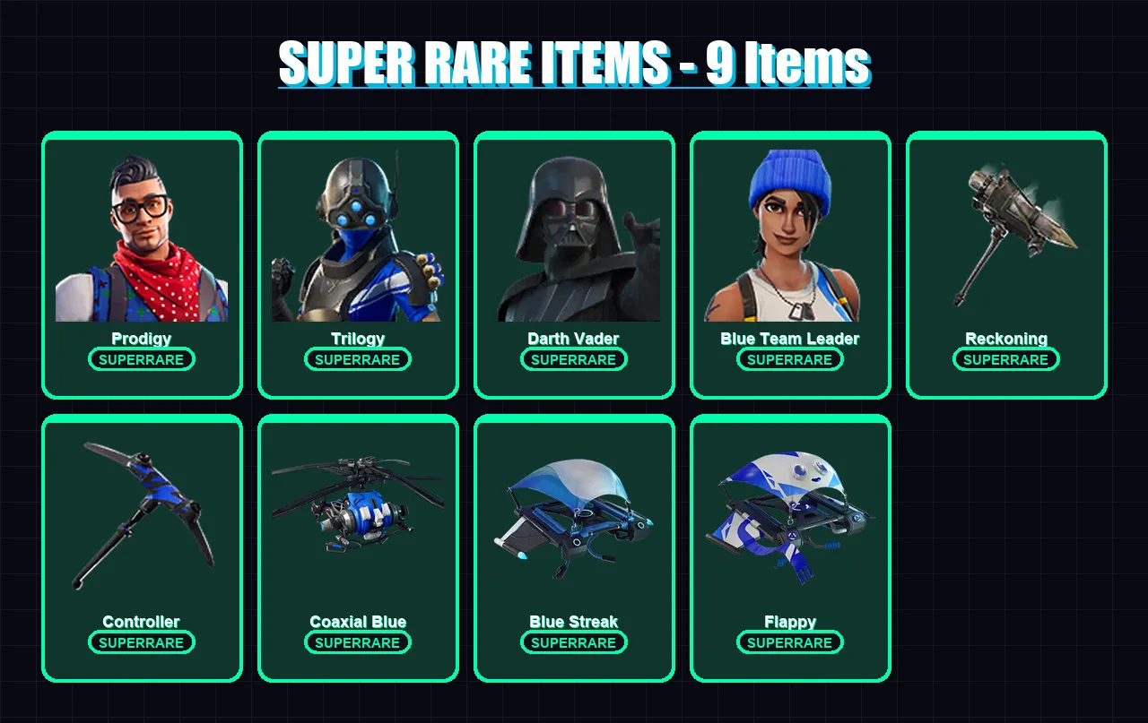 [PC] | Prodigy | Trilogy | Darth Vader | Blue Team Leader | The Origin | 64 skin | 66 pickaxe | 38 emote | 58 glider | Lv688
