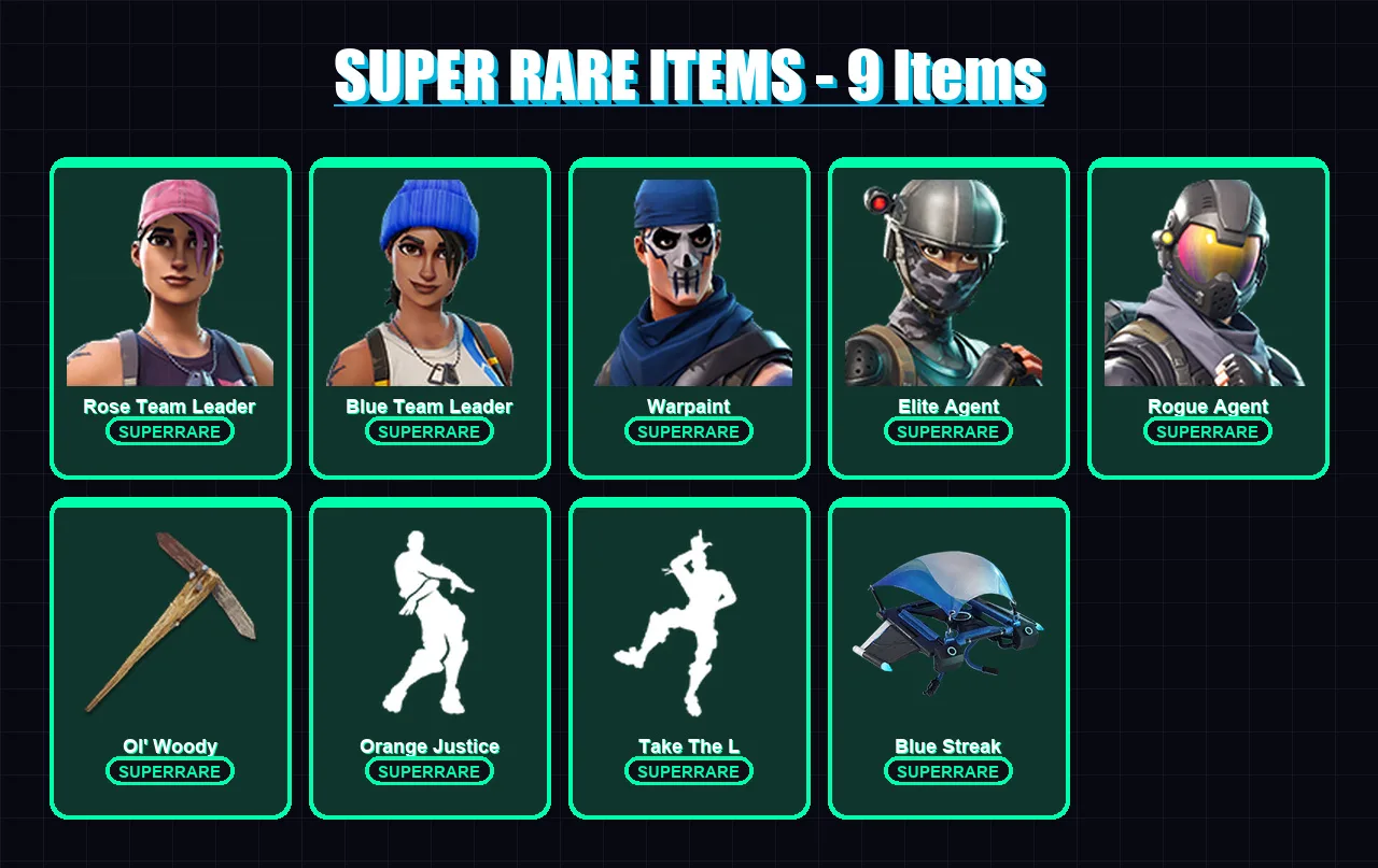 [PS4/PS5/XBOX/PC] | Rose Team Leader | Blue Team Leader | Warpaint | Elite Agent | Rogue Agent | 24 skin | 33 pickaxe | 23 emote | 32 glider | Lv422