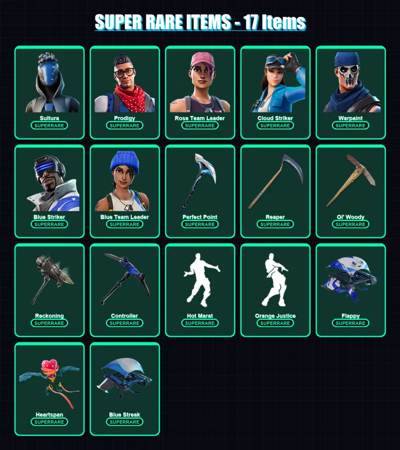[PS4/PS5/XBOX/PC] | Sultura | Prodigy | Rose Team Leader | Cloud Striker | Warpaint | 157 skin | 141 pickaxe | 135 emote | 135 glider | Lv1726