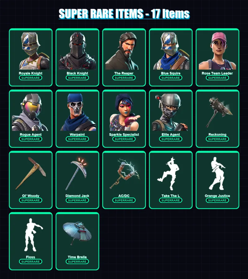 [PC/PSN] | Royale Knight | Black Knight | The Reaper | Blue Squire | Rose Team Leader | 141 skin | 131 pickaxe | 100 emote | 126 glider | Lv1313