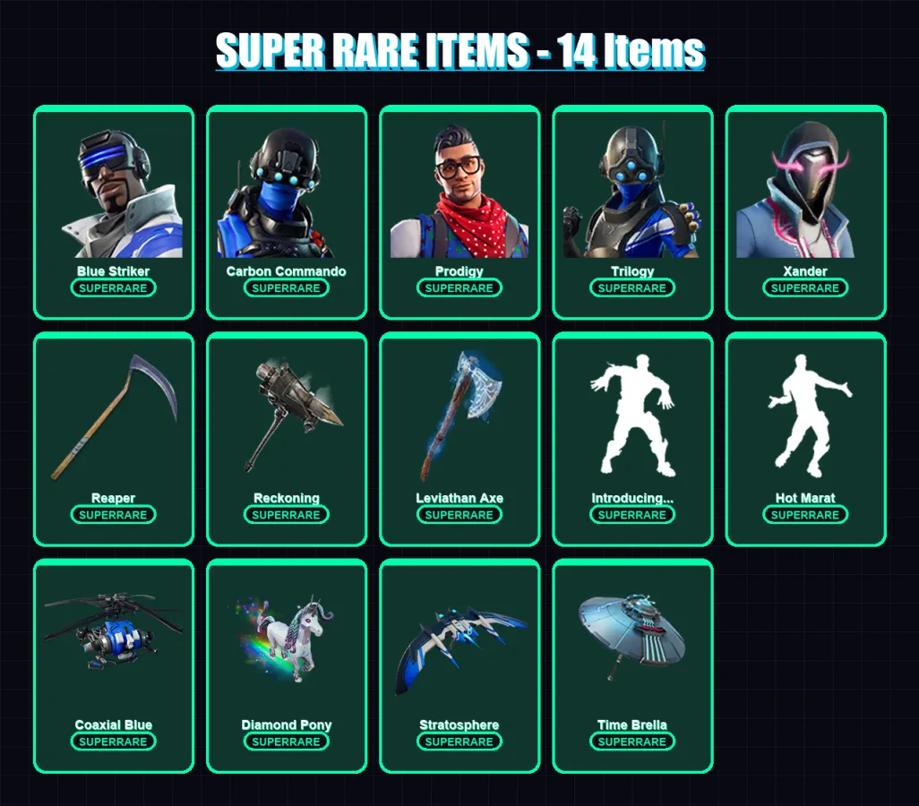 [PC/XBOX] | Blue Striker | Carbon Commando | Prodigy | Trilogy | Xander | 231 skin | 249 pickaxe | 164 emote | 184 glider | Lv2257
