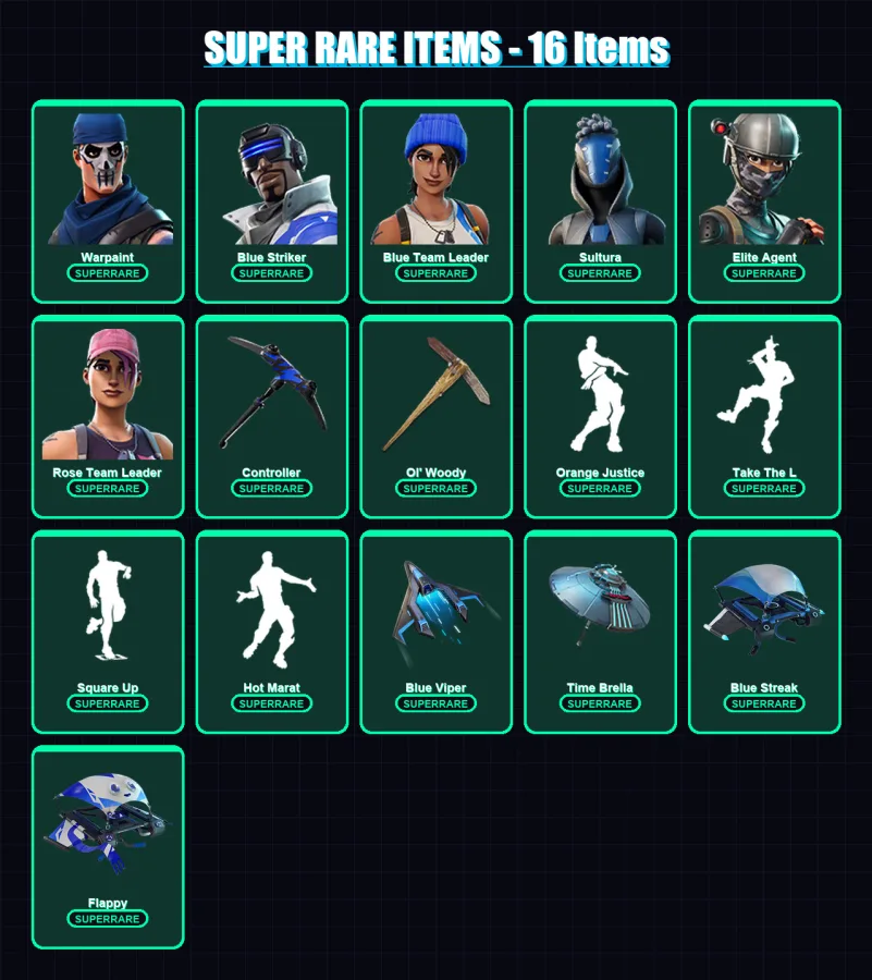 [PS4/PS5/XBOX/PC] | Warpaint | Blue Striker | Blue Team Leader | Sultura | Elite Agent | 72 skin | 72 pickaxe | 67 emote | 82 glider | Lv942