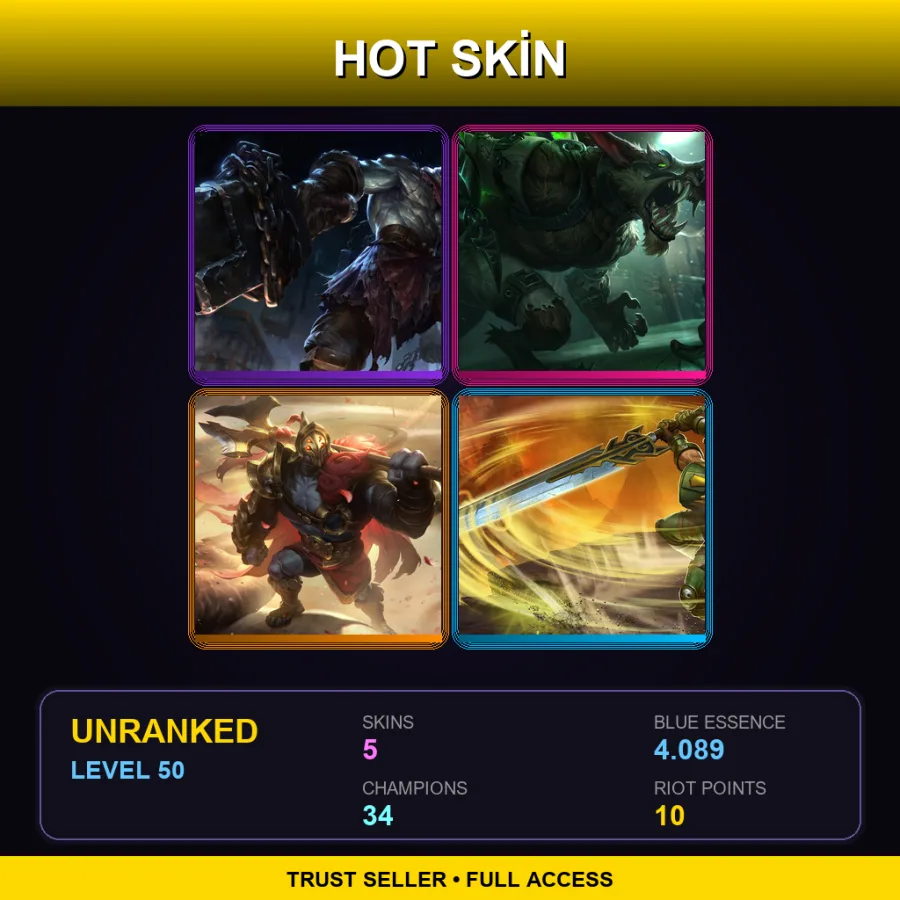 EUW | Lv50 | Unranked | 5 Skin | 34 Champ — LoL account
