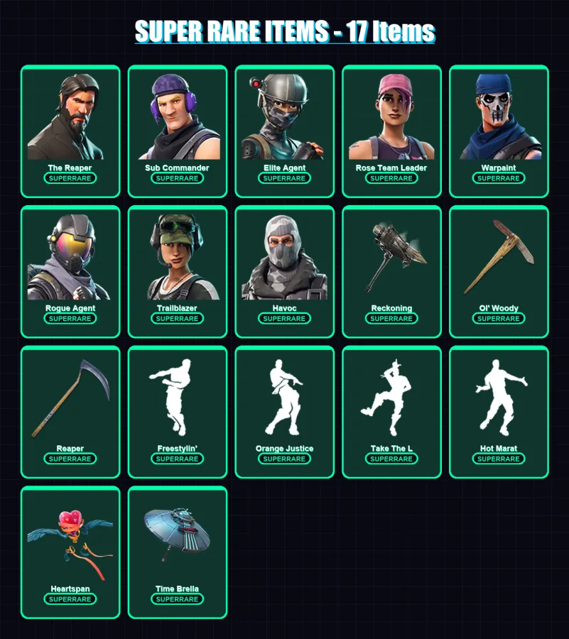 [PC/XBOX/PSN] | The Reaper | Sub Commander | Elite Agent | Rose Team Leader | Warpaint | 118 skin | 135 pickaxe | 118 emote | 134 glider | Lv2158