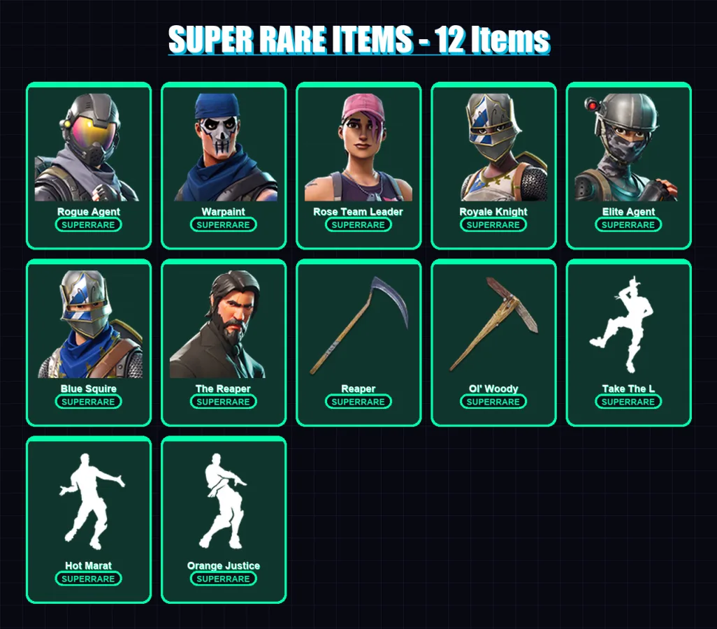 [PC/XBOX/PSN] | Rogue Agent | Warpaint | Rose Team Leader | Royale Knight | Elite Agent | 44 skin | 41 pickaxe | 58 emote | 50 glider | Lv786