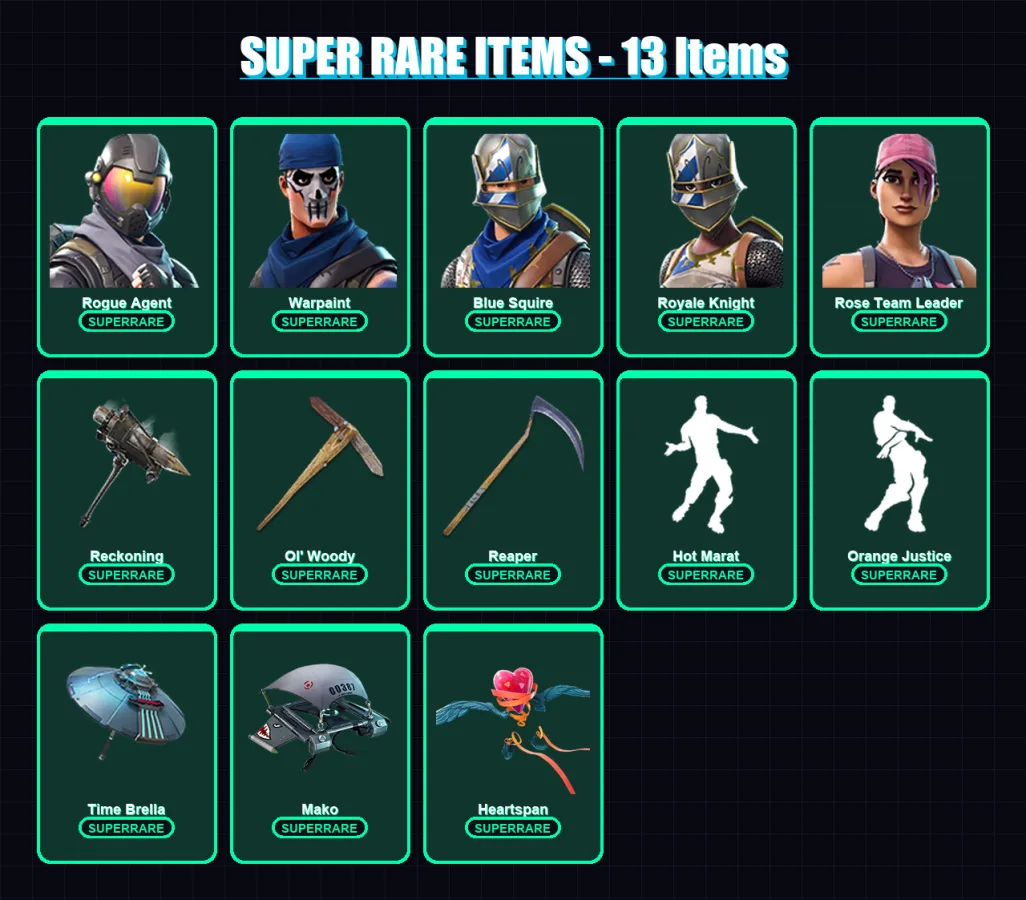 [PC/PSN] | Rogue Agent | Warpaint | Blue Squire | Royale Knight | Rose Team Leader | 178 skin | 164 pickaxe | 163 emote | 158 glider | Lv1999