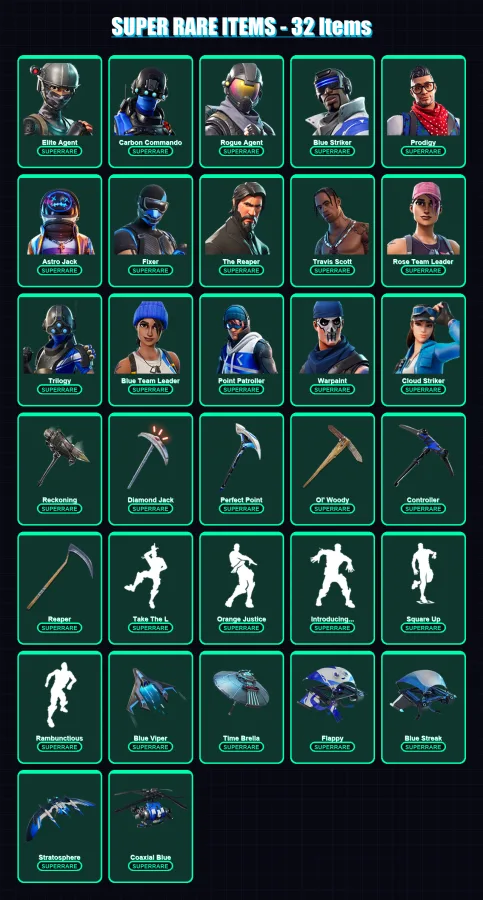 [PC/XBOX/PSN] | Elite Agent | Carbon Commando | Rogue Agent | Blue Striker | Prodigy | 98 skin | 94 pickaxe | 94 emote | 91 glider | Lv1266 — Fortnite account