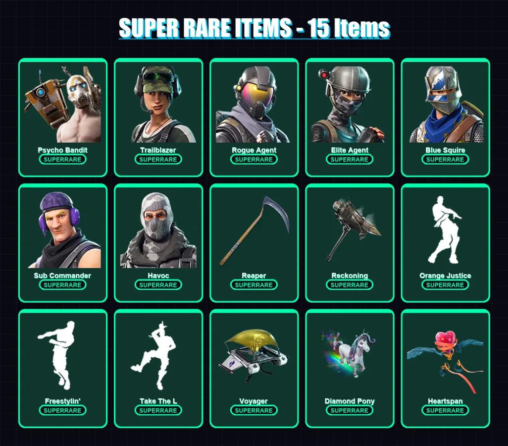 [PC] | Psycho Bandit | Trailblazer | Rogue Agent | Elite Agent | Blue Squire | 56 skin | 38 pickaxe | 42 emote | 31 glider | Lv266