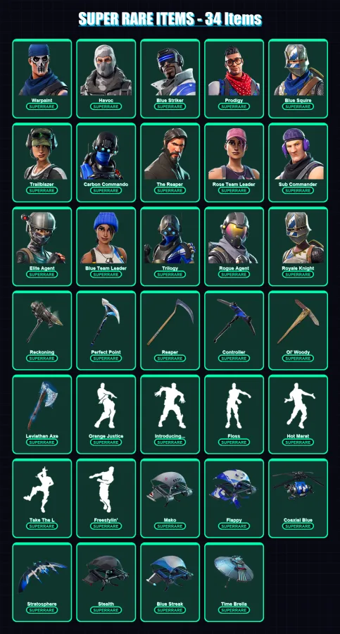 [PC/XBOX/PSN] | Warpaint | Havoc | Blue Striker | Prodigy | Blue Squire | 264 skin | 256 pickaxe | 201 emote | 206 glider | Lv3143