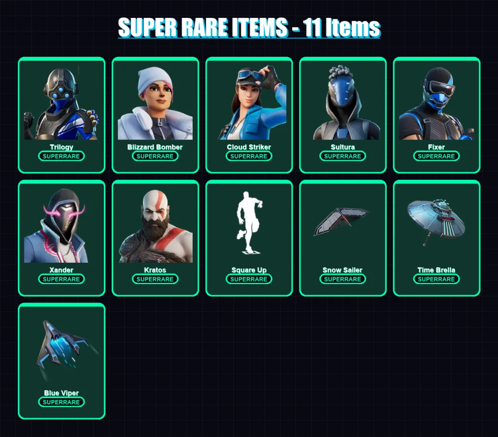 [PS4/PS5/XBOX/PC] | Trilogy | Blizzard Bomber | Cloud Striker | Sultura | Fixer | 83 skin | 116 pickaxe | 79 emote | 101 glider | Lv1455