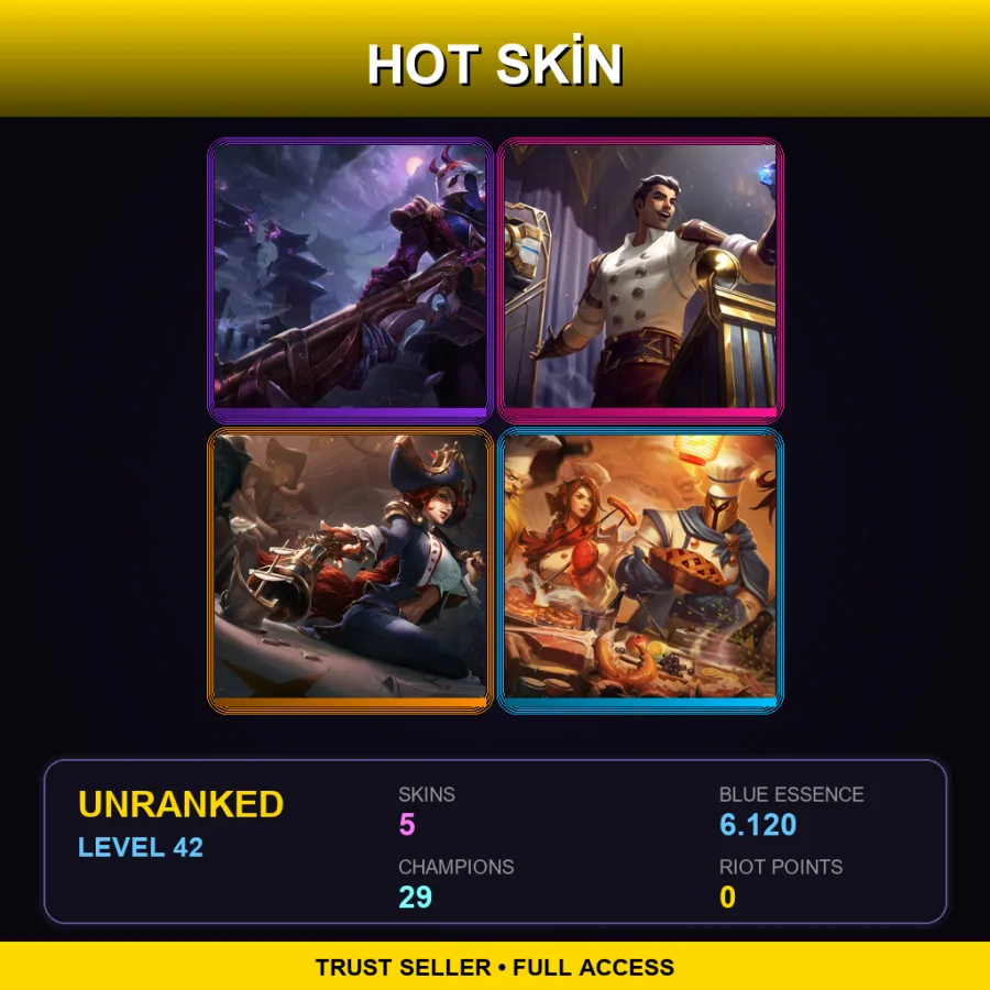 NA | Lv42 | Unranked | 5 Skin | 29 Champ — LoL account