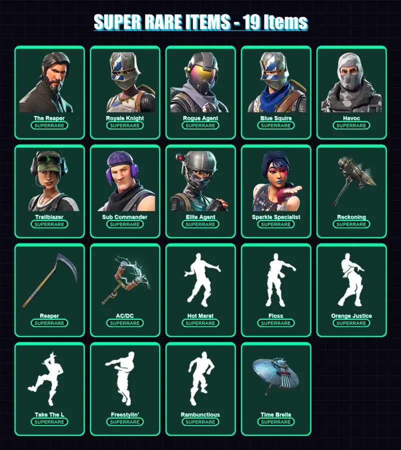 [PC/XBOX] | The Reaper | Royale Knight | Rogue Agent | Blue Squire | Havoc | 104 skin | 92 pickaxe | 112 emote | 74 glider | Lv1403