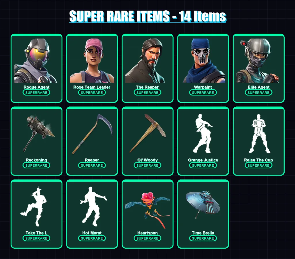 [PC/PSN] | Rogue Agent | Rose Team Leader | The Reaper | Warpaint | Elite Agent | 202 skin | 202 pickaxe | 196 emote | 197 glider | Lv2754