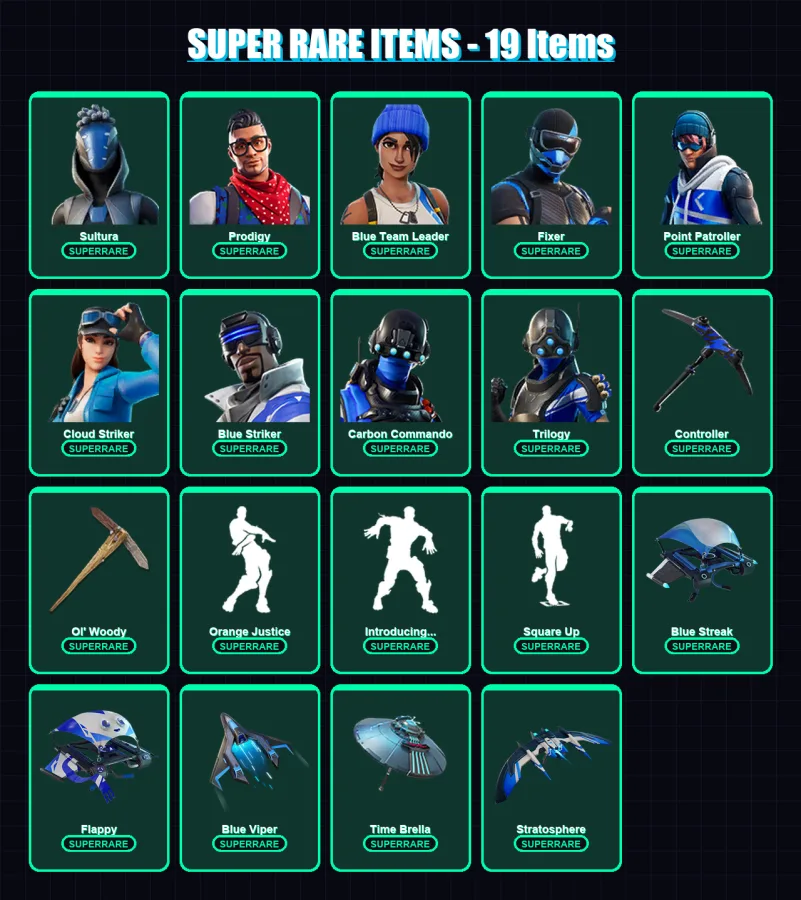 [PS4/PS5/XBOX/PC] | Sultura | Prodigy | Blue Team Leader | Fixer | Point Patroller | 73 skin | 82 pickaxe | 76 emote | 85 glider | Lv1120 — Fortnite account