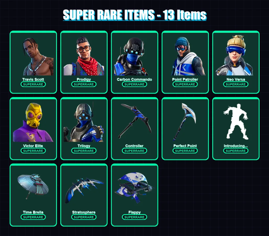 [PC] | Travis Scott | Prodigy | Carbon Commando | Point Patroller | Neo Versa | 132 skin | 123 pickaxe | 106 emote | 106 glider | Lv1886
