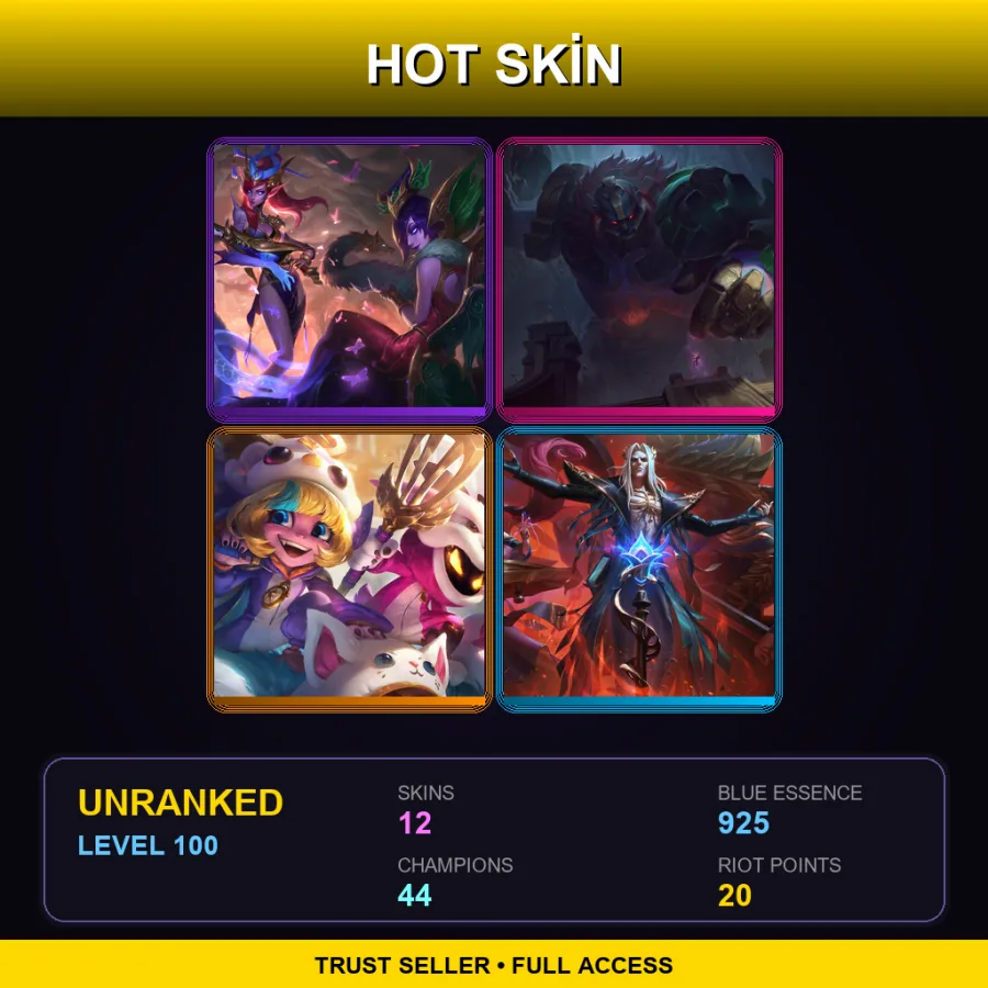 LAN | Lv100 | Unranked | 12 Skin | 44 Champ — LoL account