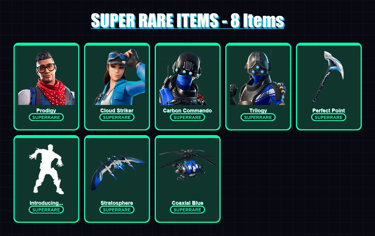 [PS4/PS5/XBOX/PC] | Prodigy | Cloud Striker | Carbon Commando | Trilogy | Hybrid | 42 skin | 31 pickaxe | 30 emote | 29 glider | Lv415